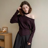 西遇韩系挂脖斜肩露肩长袖针织T恤女秋设计感不规则下摆上衣H0051308 商品缩略图1