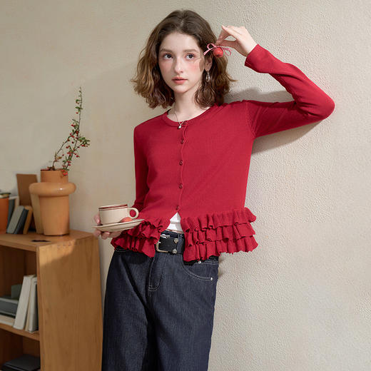 西遇韩系甜美木耳边圆领针织衫女秋季设计感百搭气质软糯毛衣H0051311 商品图4