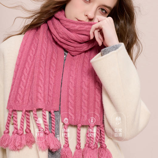 三彩2025新款治愈系纯色外搭粗针麻花针织围巾流苏保暖百搭女松弛 商品图3