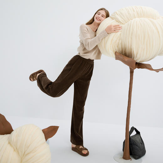 2025冬季新款雪尼尔休闲长裤高腰松紧直筒阔腿裤宽松简约M 商品图2