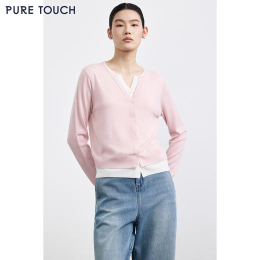 PURE TOUCH 浅粉色V领假两件针织开衫 商品图0