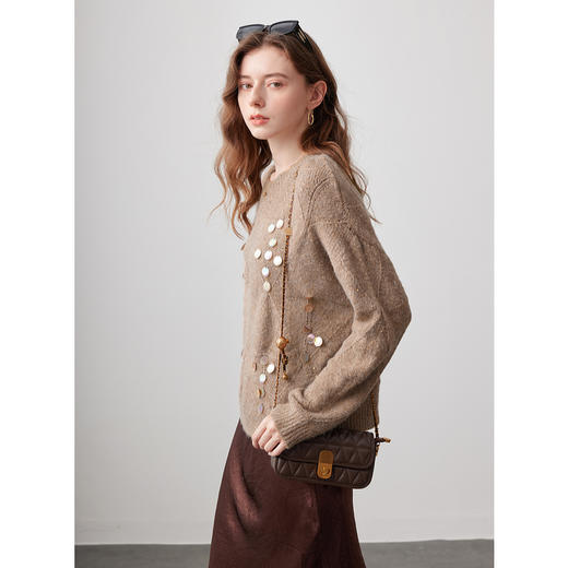 三彩2025冬季新款美拉德亮片针织衫宽松慵懒套头毛衣圆领女 商品图2