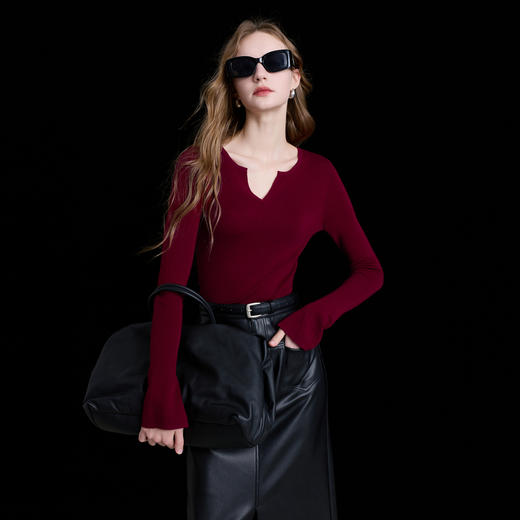 【100绵羊毛】三彩2025冬季新款针织衫修身小V领打底衫套头衫M 商品图1