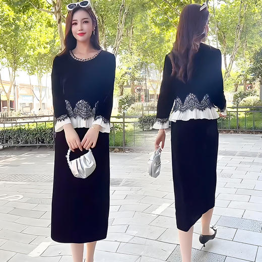 时尚金丝绒假两件连衣裙，气质拼接中长款女装裙子QYM-YJ25XY602 商品图0