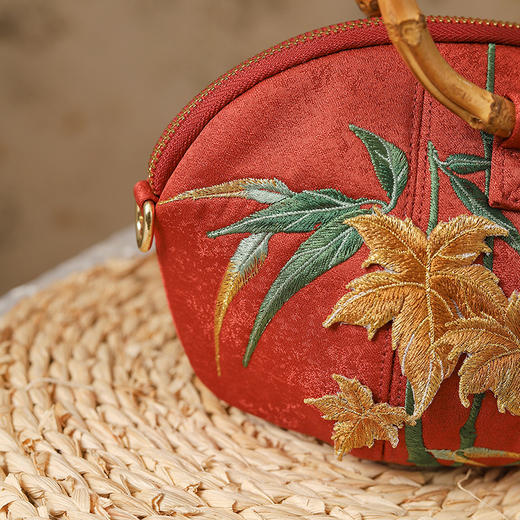 国风包手提斜跨，刺绣南瓜包女包竹节手提包枫叶刺绣QB-秋枫竹青 商品图1