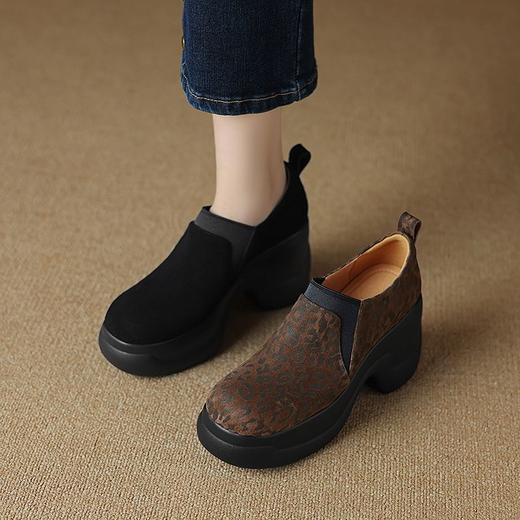 【预售5天】真皮豹纹厚底粗跟一脚蹬深口单鞋小个子女复古女鞋DTN&510-2 商品图0