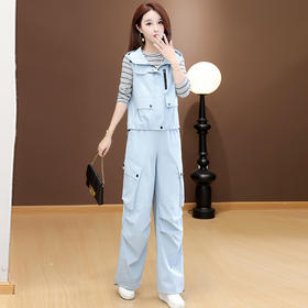 QYM 58C258506-Y时尚休闲三件套连帽马甲+长袖条纹衫+直筒阔腿裤宽松套装