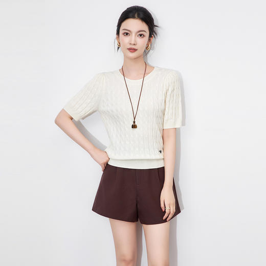 「高货wl」全新升级【铂金会员220/天猫289/差价69】(81152)洛诗琳新款羊毛混纺绞花短袖2025秋季百搭显瘦针织T恤女 商品图1