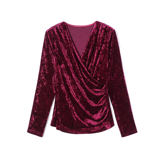 KQL E37M2930气质交叉V领丝绒长袖宽松显瘦打底衫t恤 商品图4