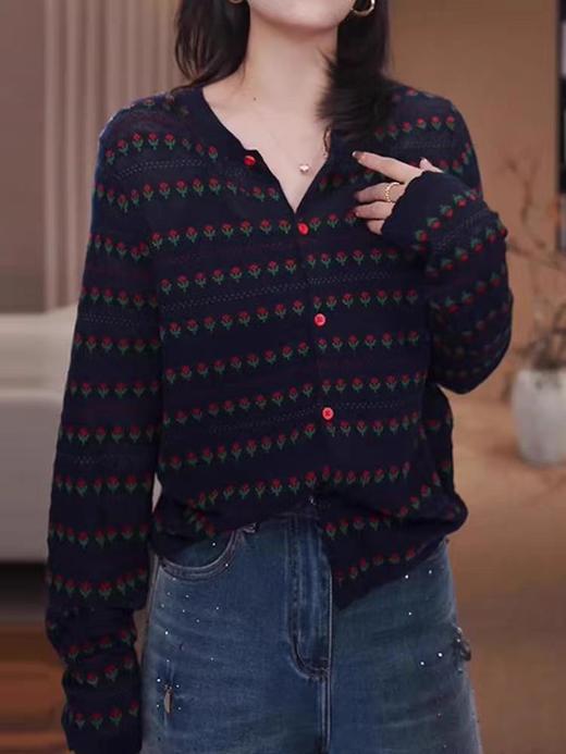 👍早秋上新❗️细节控必入❗️浪漫郁金香提花的温柔叛逃🔥【圆领郁金香提花撞色精纺针织短外套】 🌈整身郁金香提花设计，若影若现的呼吸感💐，细节感满分～ 商品图2