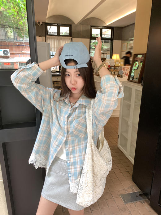 <曾小咸推荐>3.28现货秒杀 ！微信超特价！下摆拼接蕾丝边蓝色格子衬衫 日常169.99 立减80 秒杀89.99！ 商品图5