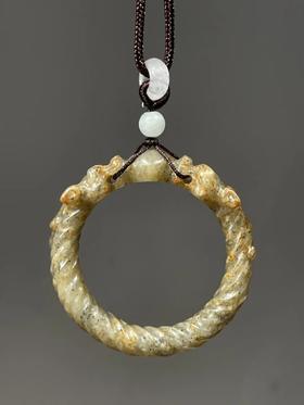 灰白玉雕双螭龙绞绳纹环，顺丰包邮