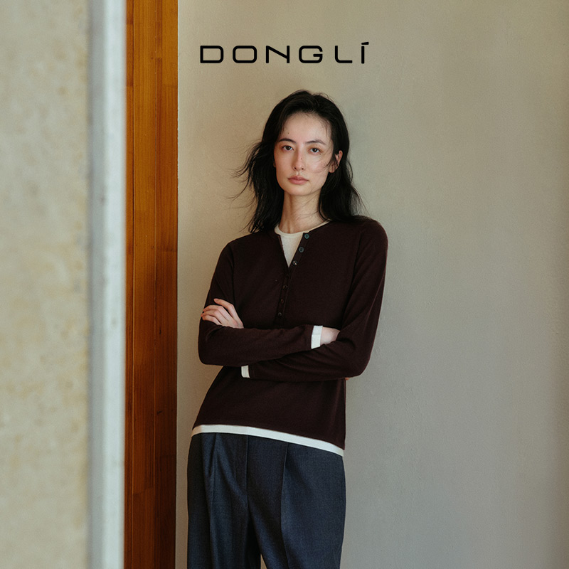 东黎 • 我不被驯化 三缀白 山羊绒混纺女士秋季撞色边套衫 5361