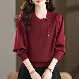 新中式国风针织衫上衣，薄款长袖拼接圆领毛衣CC-MH-25259