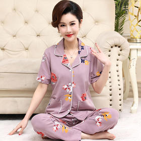 100%纯棉睡衣女夏季短袖长裤中年妈妈，大码开衫套装中老年人家居服LJX-878