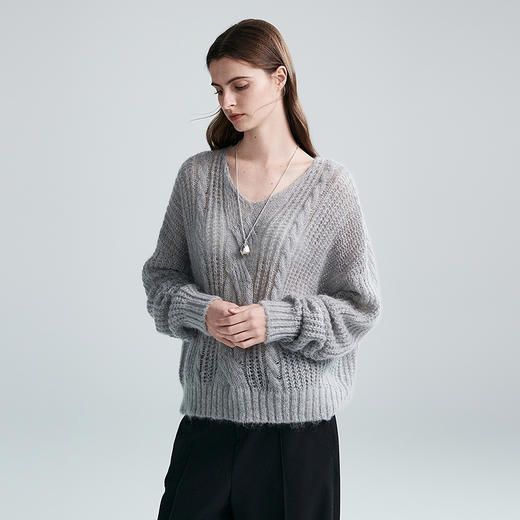 棉仓366605037-马海毛V领绞花毛衣 商品图1