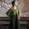 绽放女装573朵/重磅亚麻提花V领宽松文艺牛油果拼色长袖连衣裙女 商品缩略图1