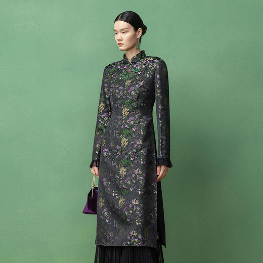 【林栖设计小店】【手工串珠】生活在左提花旗袍上衣拼桑蚕丝国风2025秋季新款长衫T1953304 商品图2