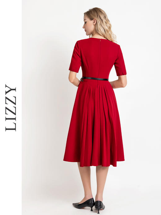 LIZZY 早秋优雅精致通勤赫本风短袖大摆连衣裙{配腰带}8009 商品图3