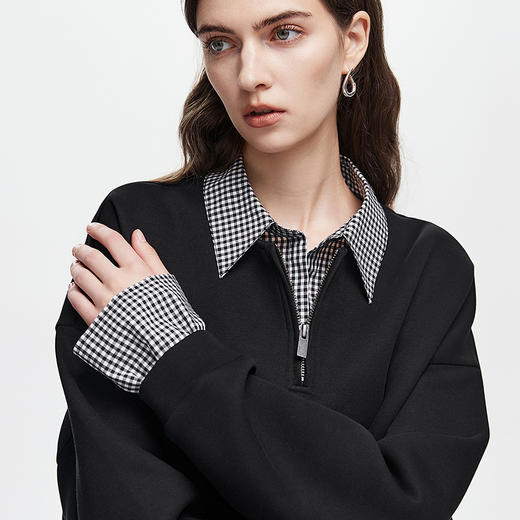 棉仓366608007-25秋假两件拼接衬衫领宽松卫衣 商品图3