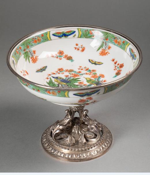 独角鹿西洋古董20世纪法国著名金银器工坊ODIOT出品古典卷叶纹纯银精雕装饰繁花蝶雀主题中国粉彩瓷碗一对 商品图2