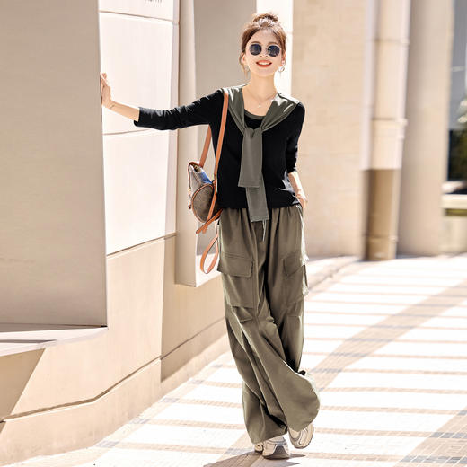 HR YF2612时尚套装裤气质优雅马甲T恤阔腿裤三件套 商品图1