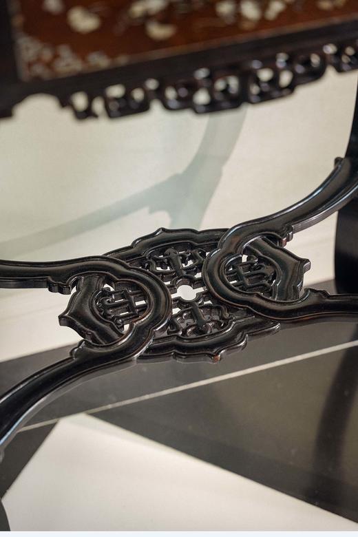 独角鹿西洋古董1880年代法国出品东方风格传统花卉主题螺钿镶嵌精雕桤木翻盖带镜抽屉桌 商品图6