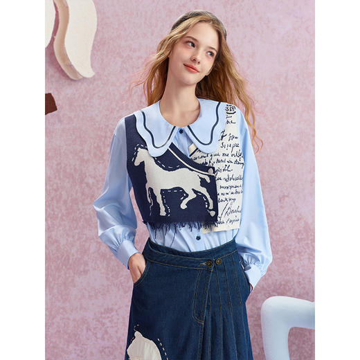 两三事梵高文艺氤氲画幕2025秋新款流苏印花针织拼接假两件衬衫女 商品图2