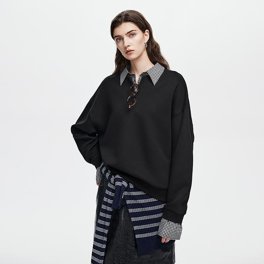 棉仓366608007-25秋假两件拼接衬衫领宽松卫衣 商品图1