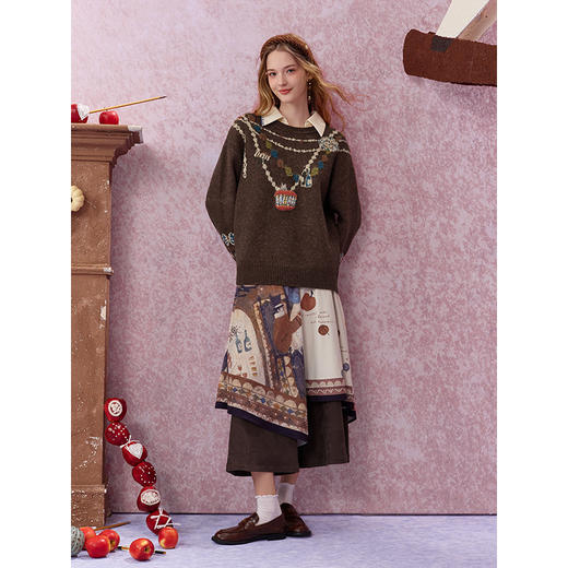 两三事苹果派对2025秋新款复古印花布拼接假两件裙裤女宽松休闲裤 商品图3