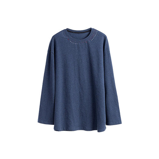 绽放582朵/色纺竹节纹提花棉文艺绣花圆领落肩长袖中长款T恤女秋 商品图4