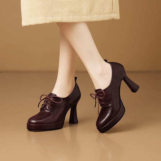 YLYH3736系带配裙子深口单鞋女2025新款百搭粗跟真皮舒适高跟防水台小皮鞋 商品图0