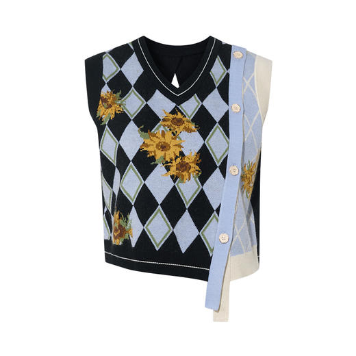 两三事梵高文艺梵花棋语2025秋新款斜边纽扣花色短款无袖针织衫女 商品图4