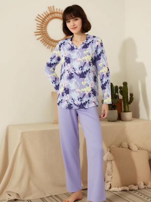 【棉莫水墨花卉】德国舒雅女士秋冬棉莫代尔睡衣印花舒适v领套头家居服套装31/25111H 商品图3