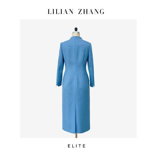 “定制”静奢风蓝调东方新中式花苞V立领羊毛混纺轻职连衣裙2501076 商品图1