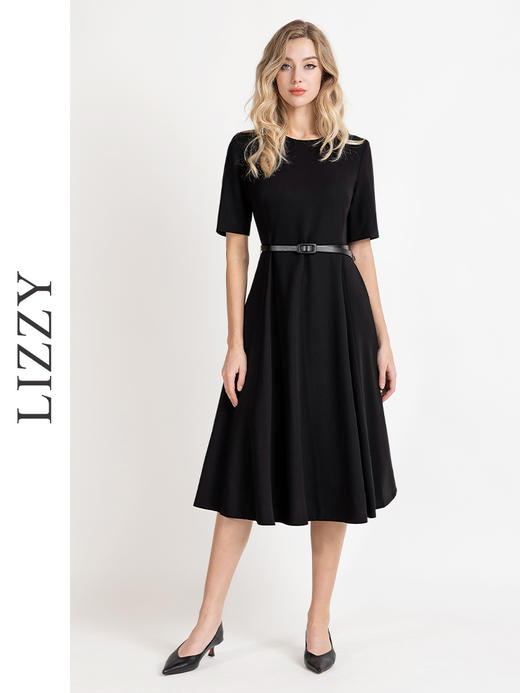 LIZZY 早秋优雅精致通勤赫本风短袖大摆连衣裙{配腰带}8009 商品图1