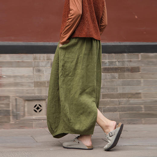绽放女装571朵/重磅皱纹亚麻半松紧腰半身长裙茧型花苞开衩半身裙 商品图0