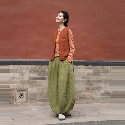 绽放女装571朵/重磅皱纹亚麻半松紧腰半身长裙茧型花苞开衩半身裙 商品图2