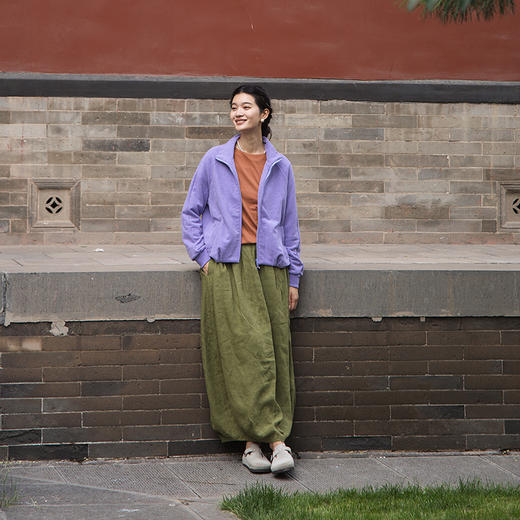 绽放女装571朵/重磅皱纹亚麻半松紧腰半身长裙茧型花苞开衩半身裙 商品图3