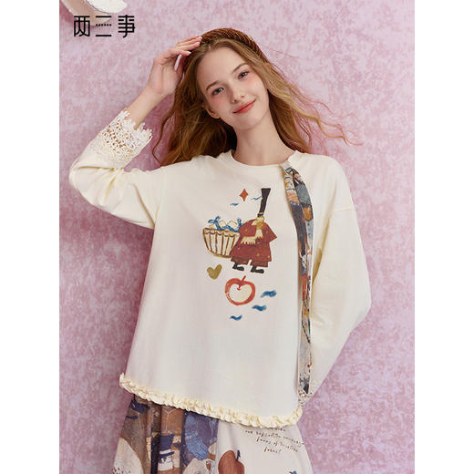 两三事惊喜盒子2025秋季新款可拆领带蕾丝拼接袖口印花t恤女宽松 商品图0