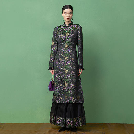 【林栖设计小店】【手工串珠】生活在左提花旗袍上衣拼桑蚕丝国风2025秋季新款长衫T1953304 商品图1