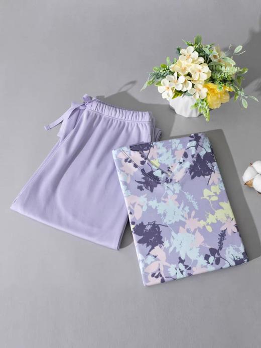 【棉莫水墨花卉】德国舒雅女士秋冬棉莫代尔睡衣印花舒适v领套头家居服套装31/25111H 商品图5