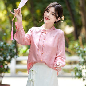 OPH  F2474重工提花真丝复古气质新中式衬衫立领盘扣桑蚕丝衬衣