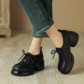 【预售5天】真皮小皮鞋厚底粗跟单鞋，高跟系带女鞋英伦风乐福鞋DPJ&9692a