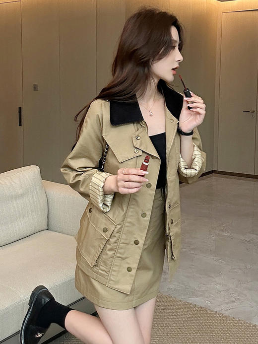 奢姿2025秋季新款气质撞色翻领上衣韩版拼接灯芯绒领休闲外套J93327044 商品图1