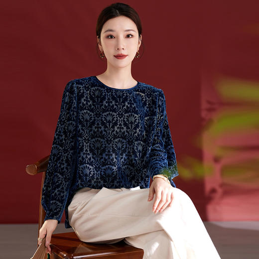 真丝丝绒烧花圆领长袖小衫上衣，宽松休闲时尚洋气百搭款SM-12501853 商品图2