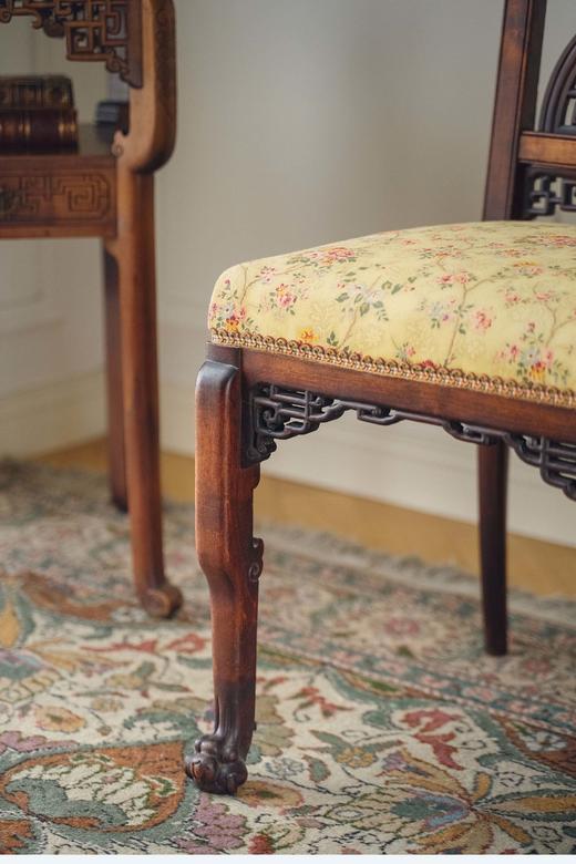 【已售】独角鹿西洋古董19世纪法国出品VIARDOT东方风格祥云回纹及蟠龙主题硬木镂雕装饰黄地花卉纹布面座椅一对 商品图4