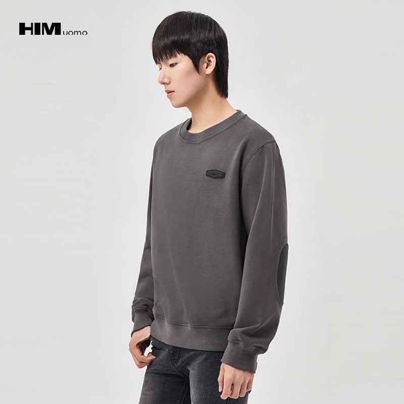 HIM漢崇  定制皮标压花卫衣男休闲双面针织圆领套头上衣 2025秋季