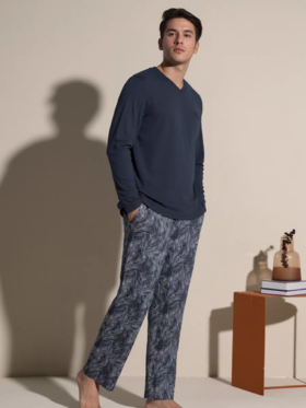 【100%棉]德国舒雅纯棉男士睡衣25年秋季新款V领长袖宽松家居服套装39/25487H