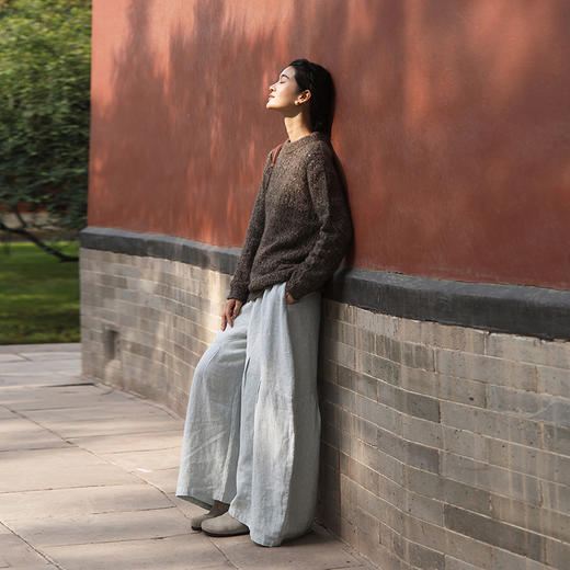 绽放568朵/加厚色织亚麻全腰松紧内抽绳结构感阔腿裤休闲裤女秋冬 商品图1